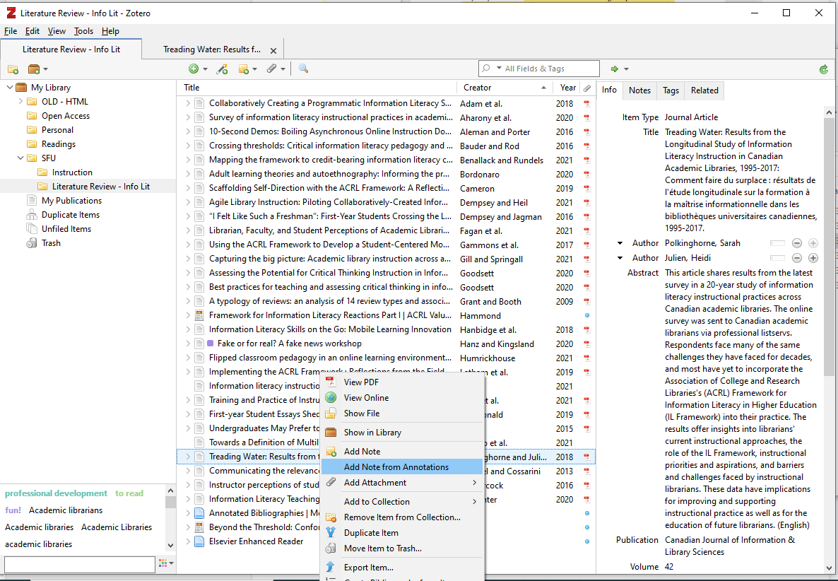 New "Add Note from Annotations” option for Zotero 6 library options.
