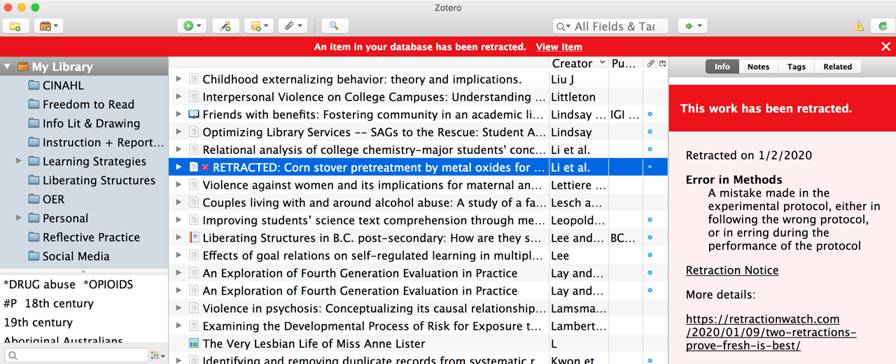 Example of a retracted article being flagged by Retraction Watch