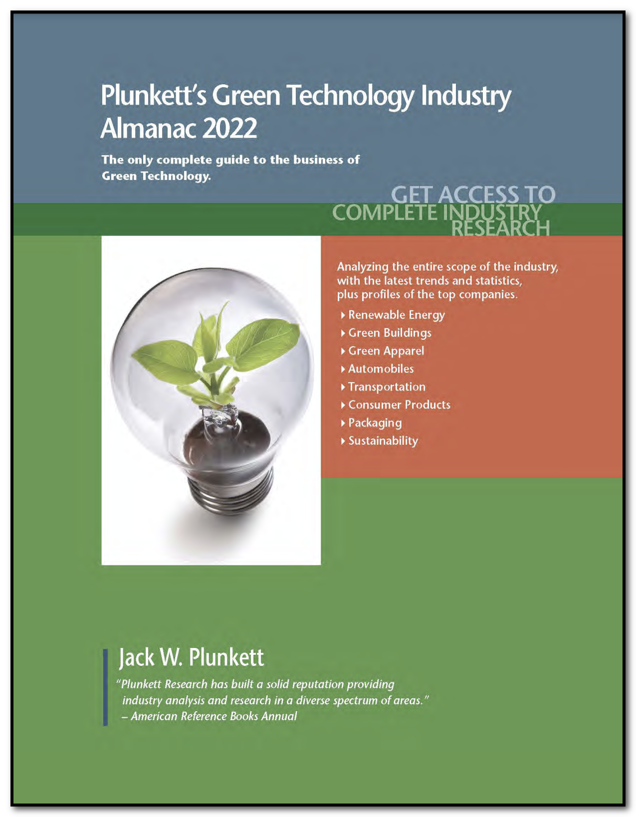 Screen capture of the cover of the ebook: Plunkett's Green Technology Industry Almanac 2022