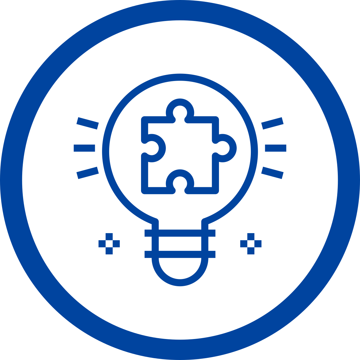 Simple line drawing of a light bulb containing a jigsaw puzzle piece.