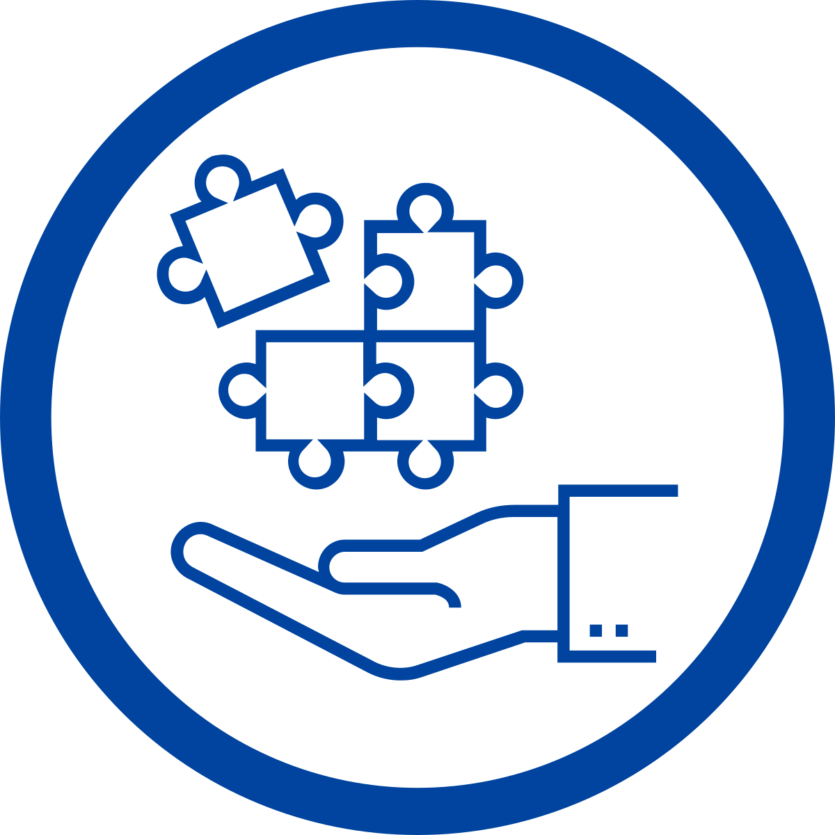Simple line drawing of a hand holding multiple jigsaw puzzle pieces