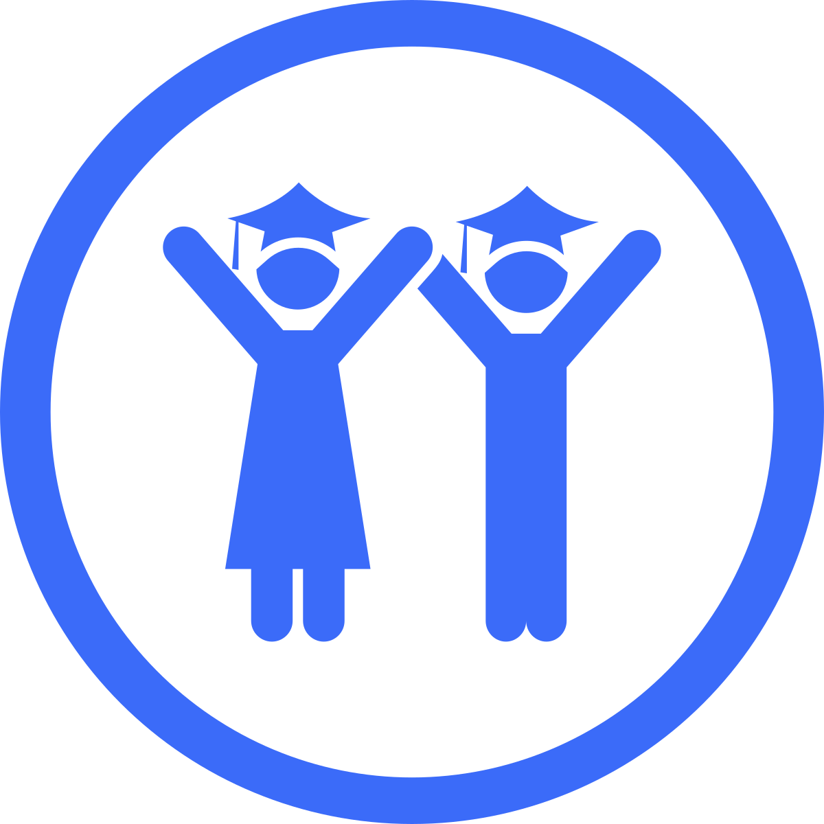 Simple line drawing of two people wearing graduation caps and cheering