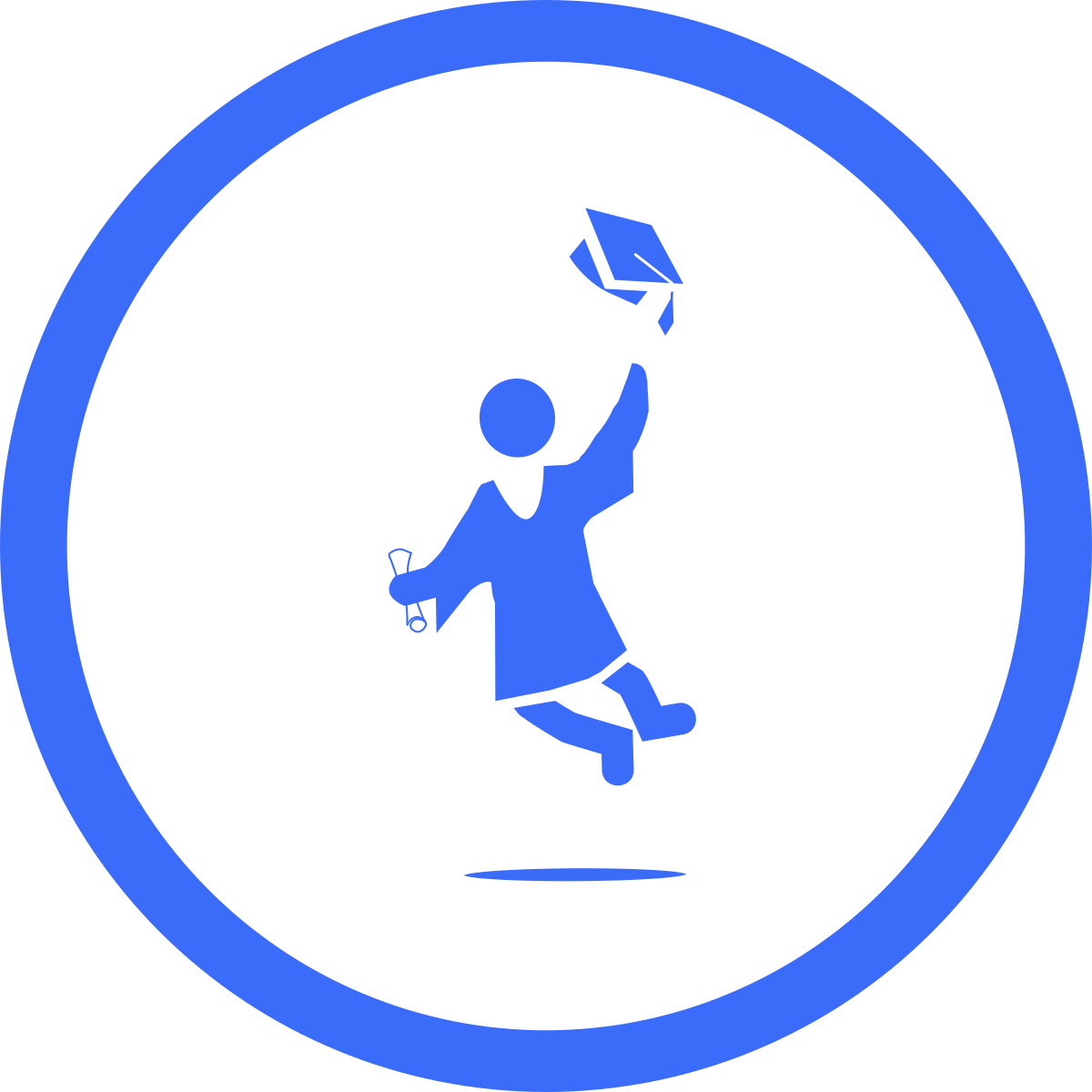 Simple line drawing of a person wearing graduation apparel jumping and clicking their heels