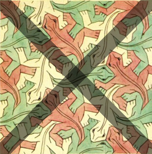 Study of Regular Division of the Plane with Reptiles by M. C. Escher, with an X through it