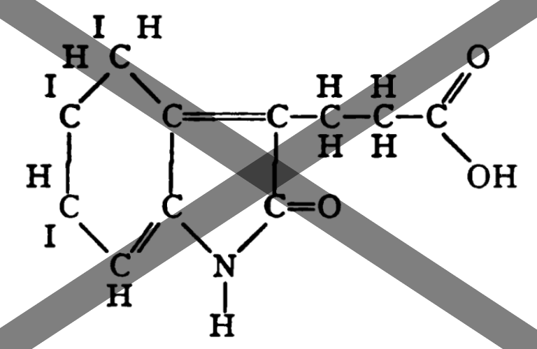 Chemical formula for thyroxine, with an X through it