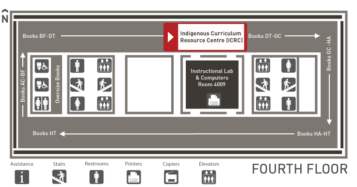 Floor plan showing the location of the ICRC on the north side of the fourth floor of the Bennett Library