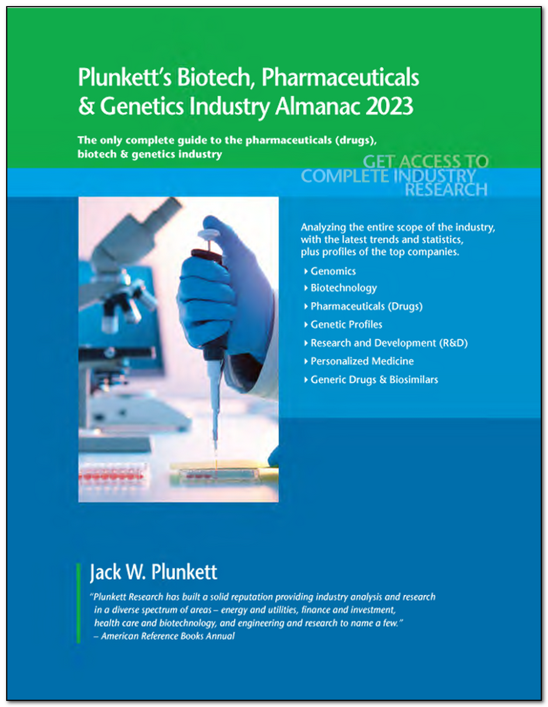 Screen capture of the cover of ebook: "Plunkett’s Biotech, Pharmaceuticals & Genetics Industry Almanac 2023"