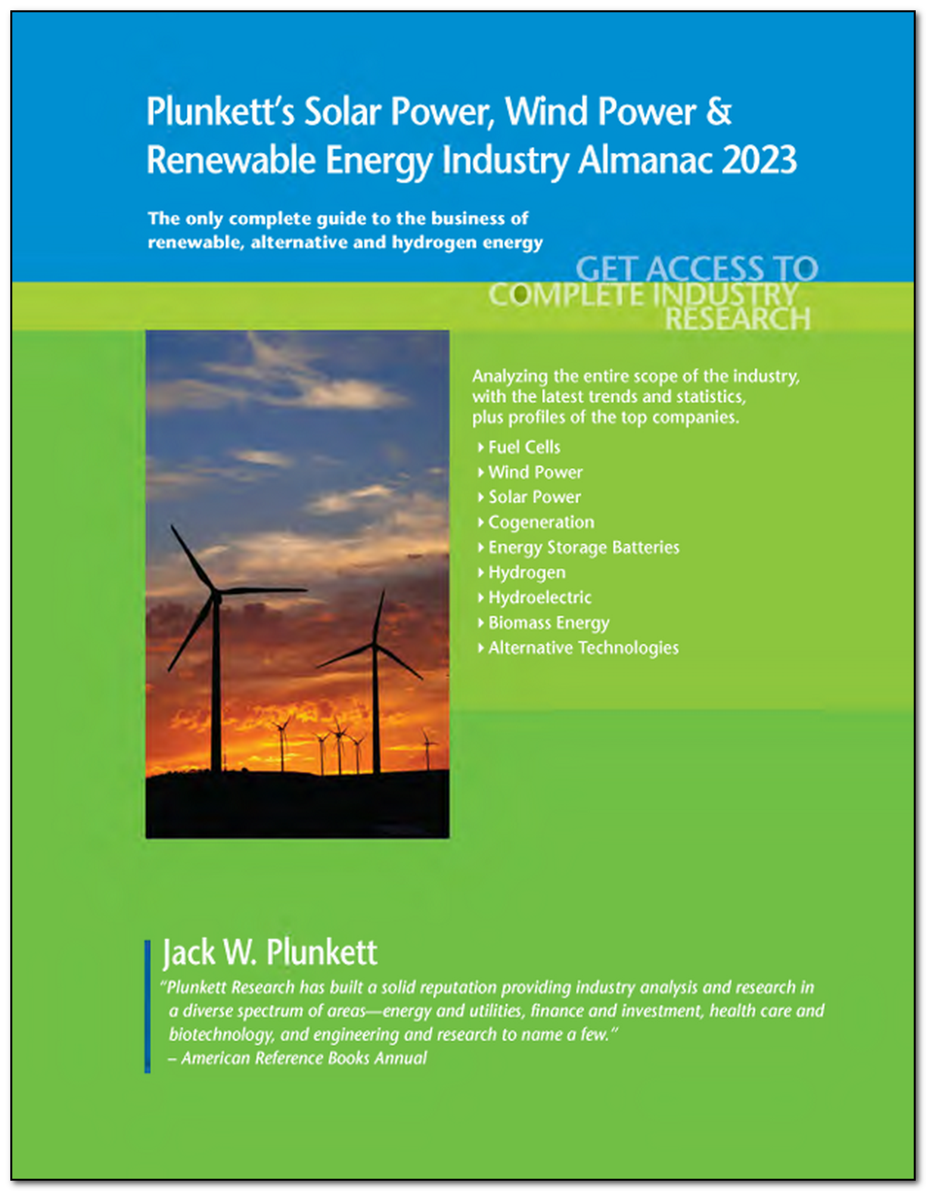 Screen capture of the cover of the ebook: Plunkett’s Solar Power, Wind Power, & Renewable Energy 2023