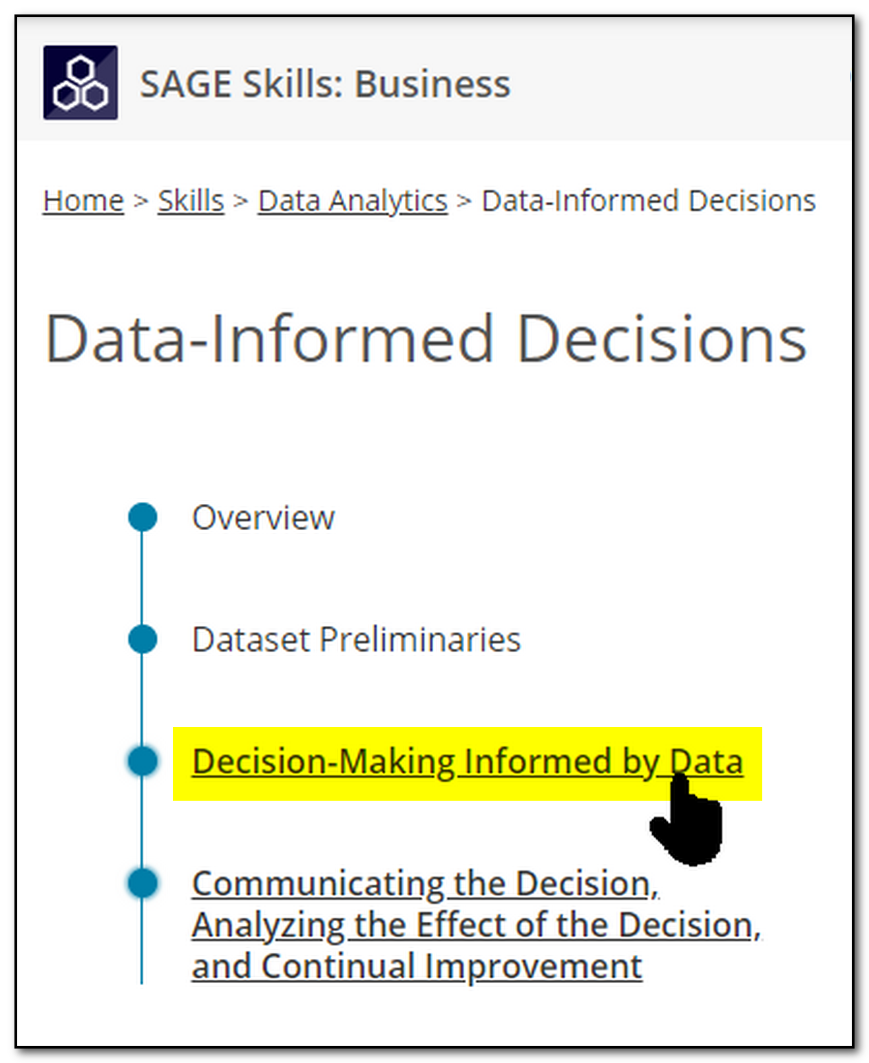 Screen capture of the table of contents of the new Data Informed Decisions skill