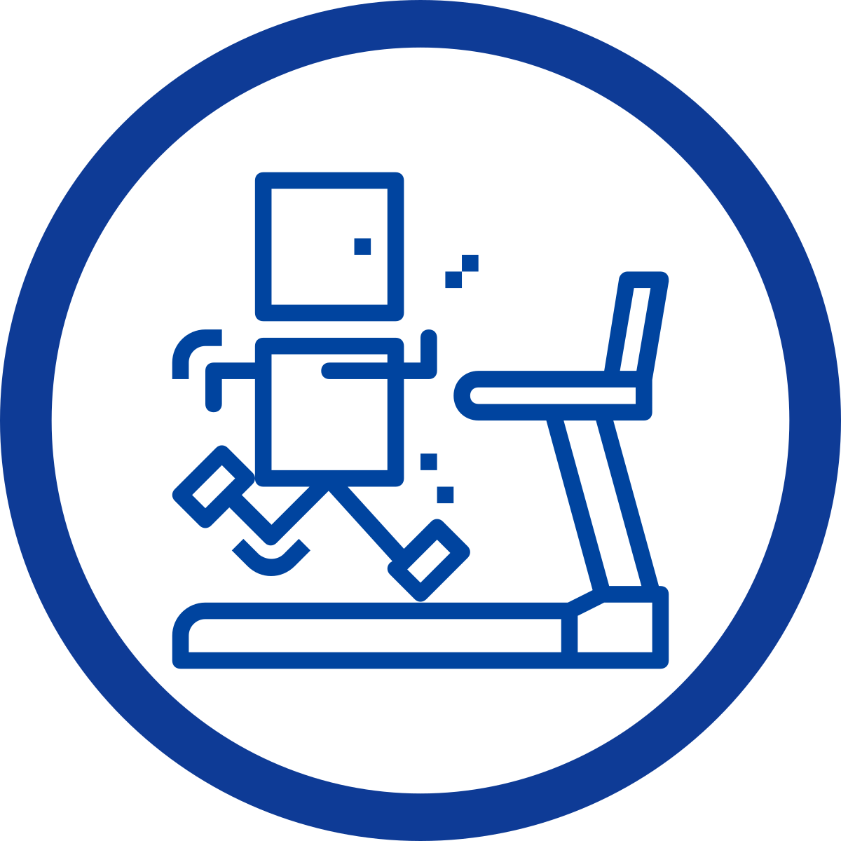 Simple line drawing of a robot running on a treadmill.