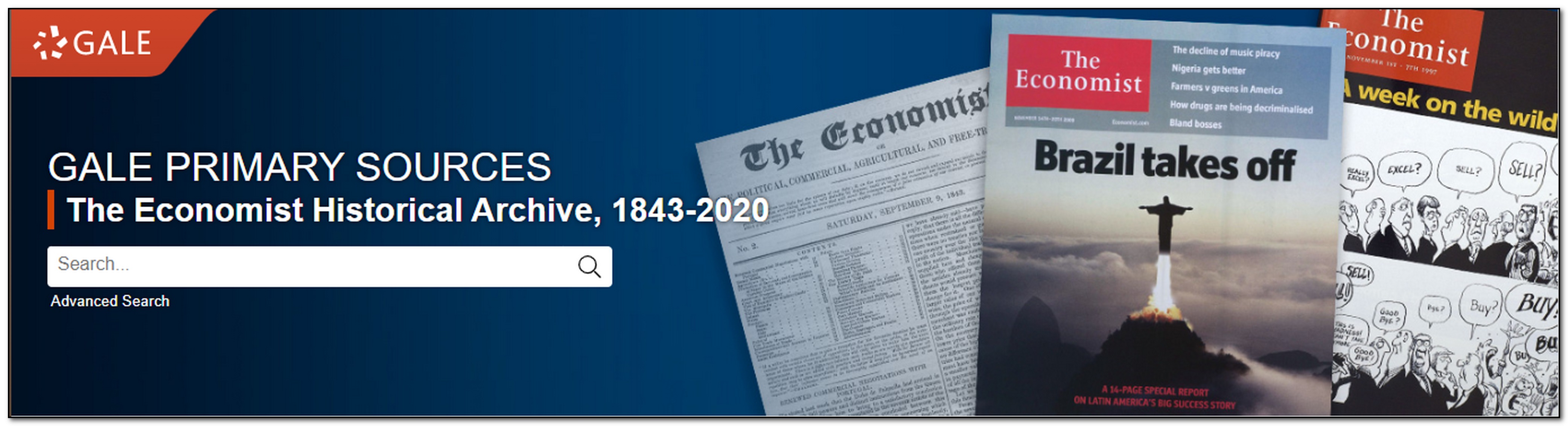 Screen capture of the banner from the site of The Economist Archive showing some Economist covers and a search box.