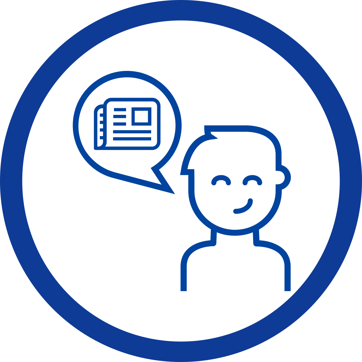 Simple line drawing of a person with a newspaper next to their head.