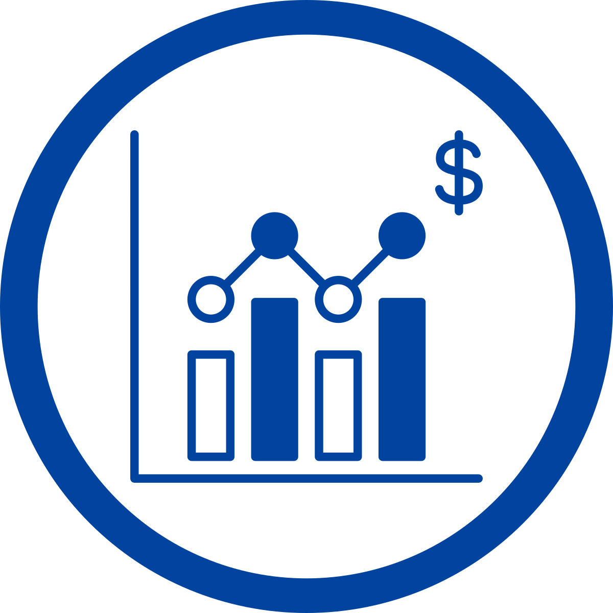 Simple line drawing of a bar + line chart with a dollar symbol on it.