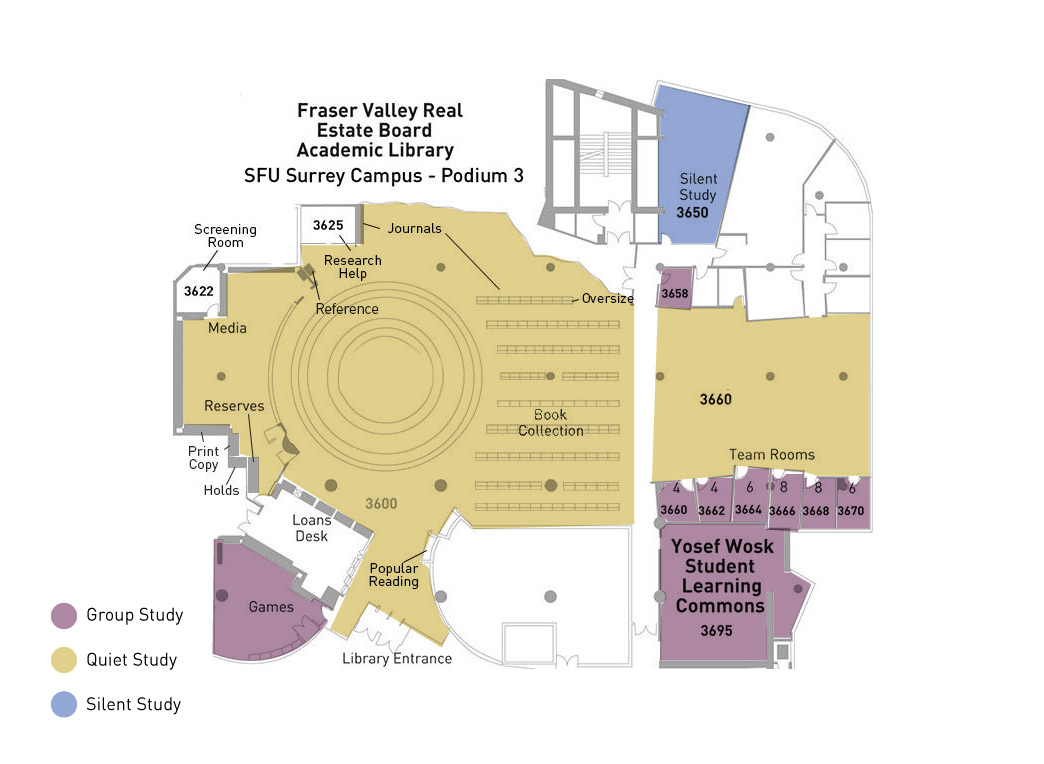 Floor map of Fraser Library, showing quiet and silent study areas.