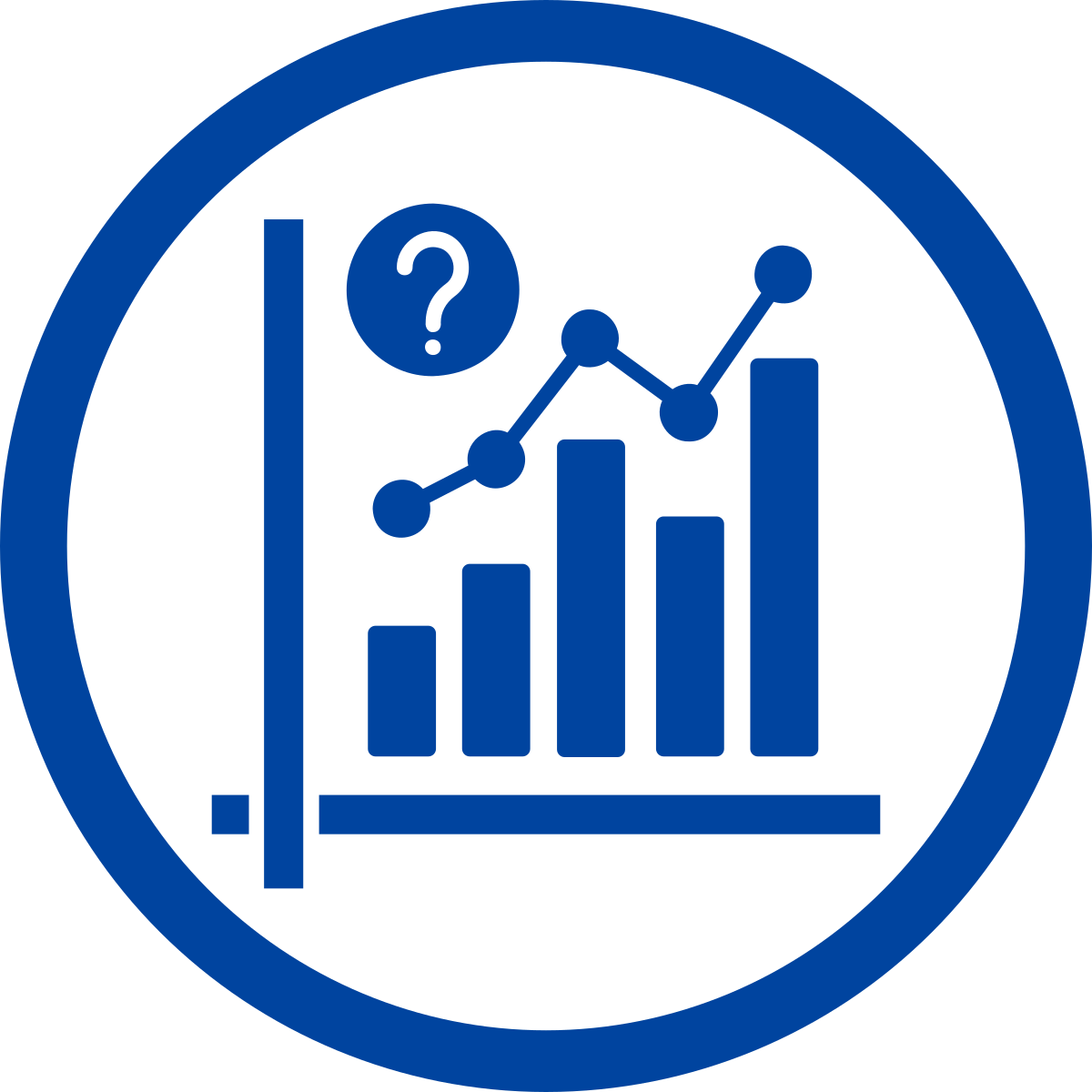 Simple line drawing of a bar + line chart with a question mark above it.