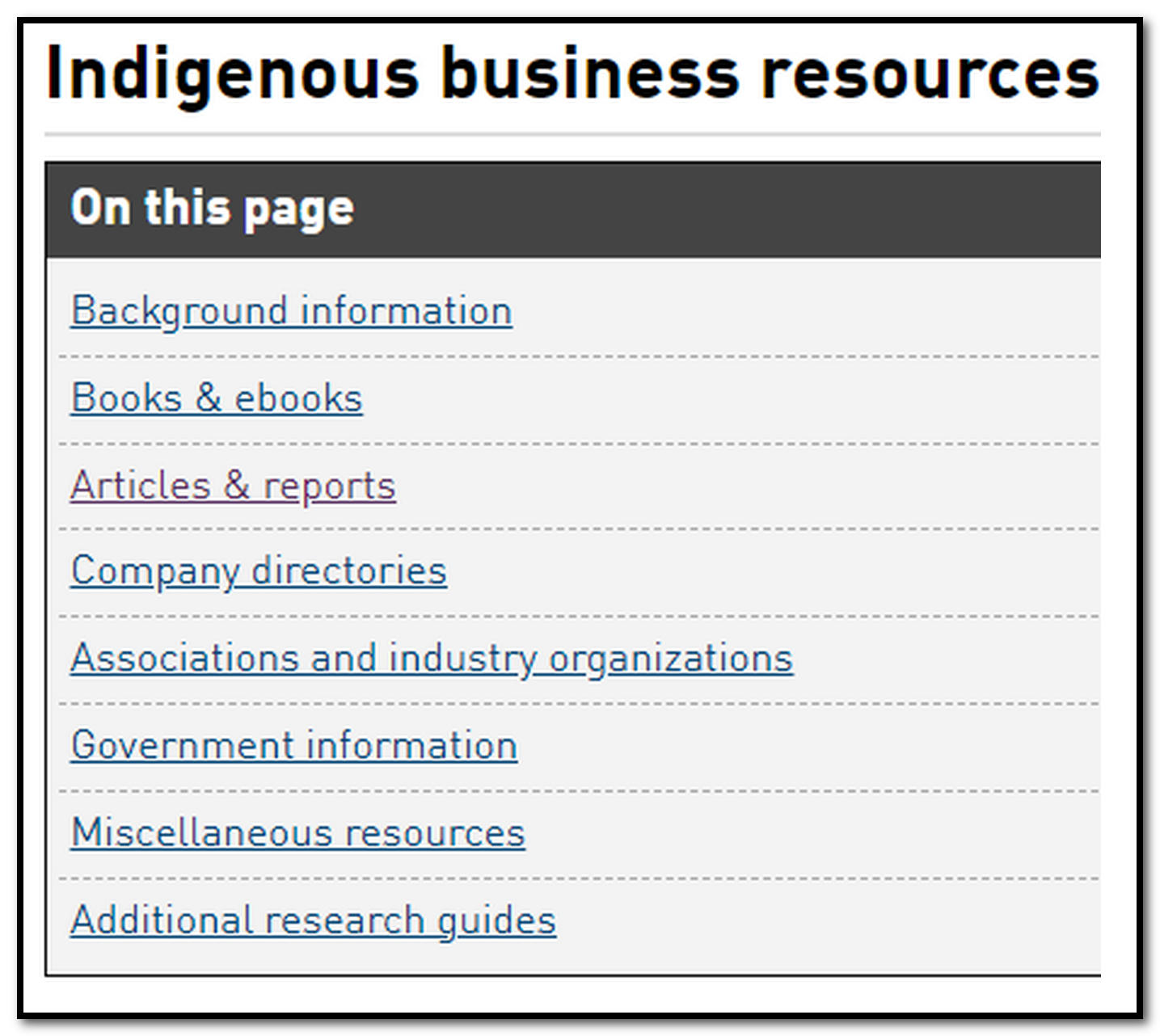 The table of contents of our Indigenous Business Resources guide.