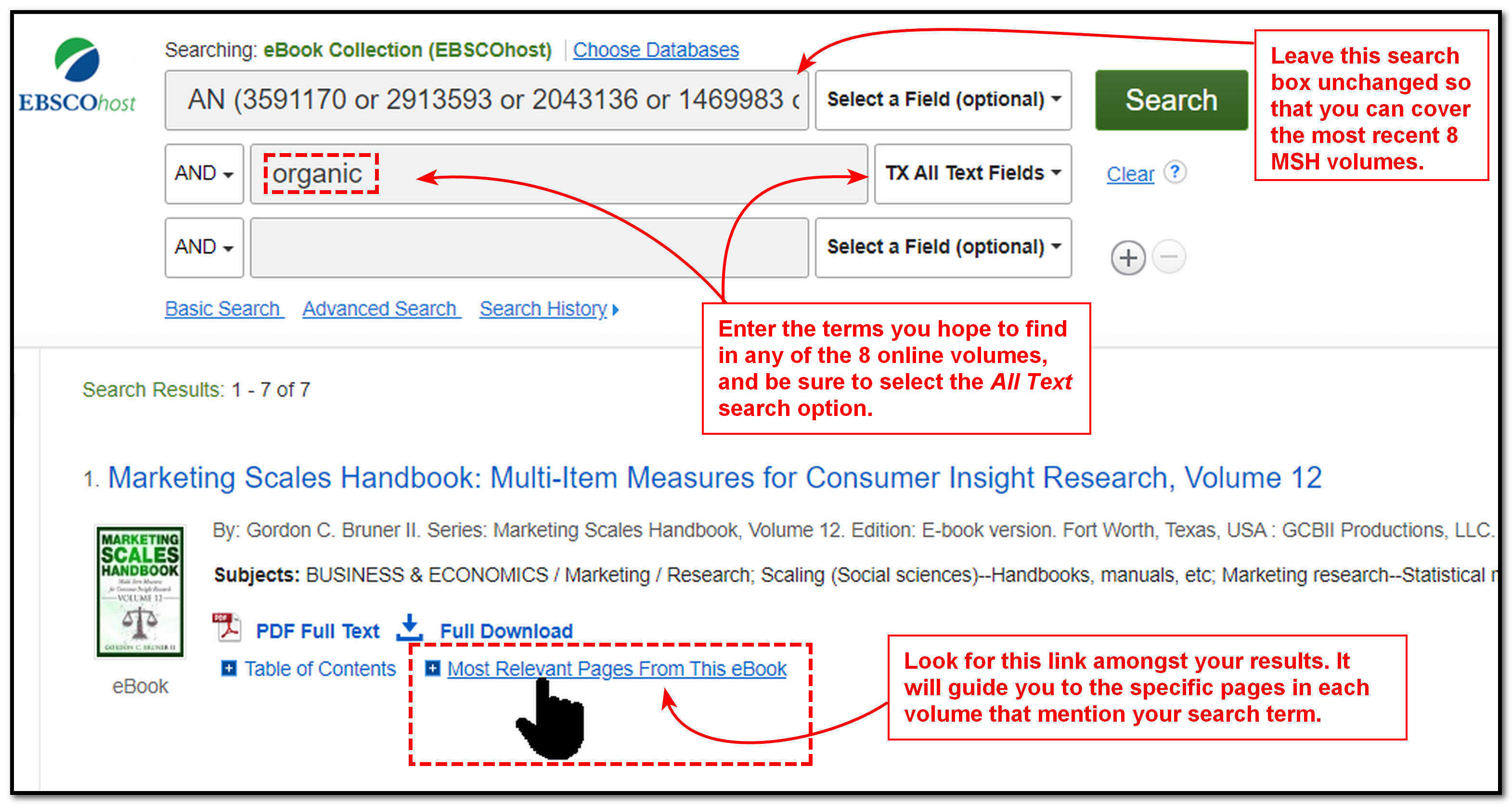 Screen capture of a search screen showing how to search for a topic across all 8 online Marketing Scales Handbooks volumes. Click on the image to run the search.