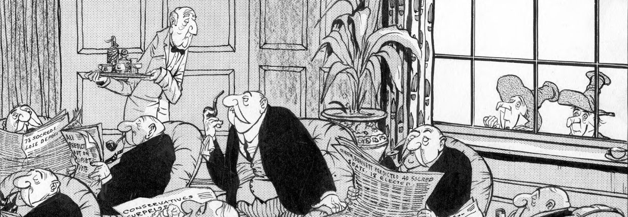 Cartoon by Len Norris, 1957, featuring several old, mustached Conservative men in a smoking room labelled Victoria Conservative Club, talking to a butler asking to shut the door to two people looking into the window (dressed as Norris' caricature of the Socred party in Quaker hats and tattered clothing)