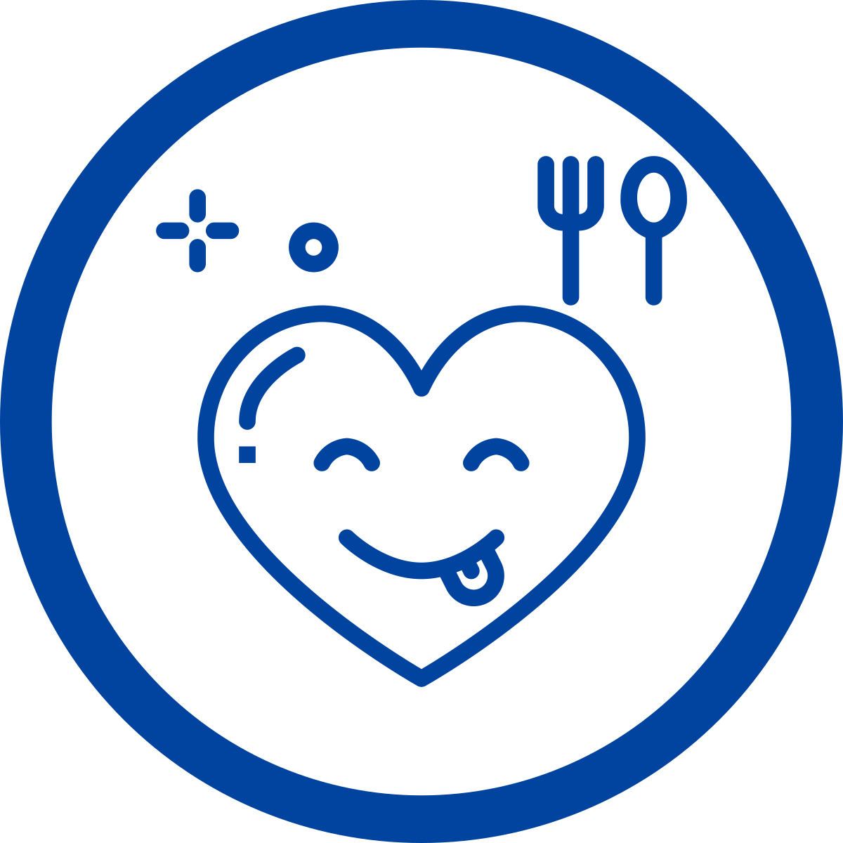 Simple line drawing of a smiling heart with a fork and a knife above it.