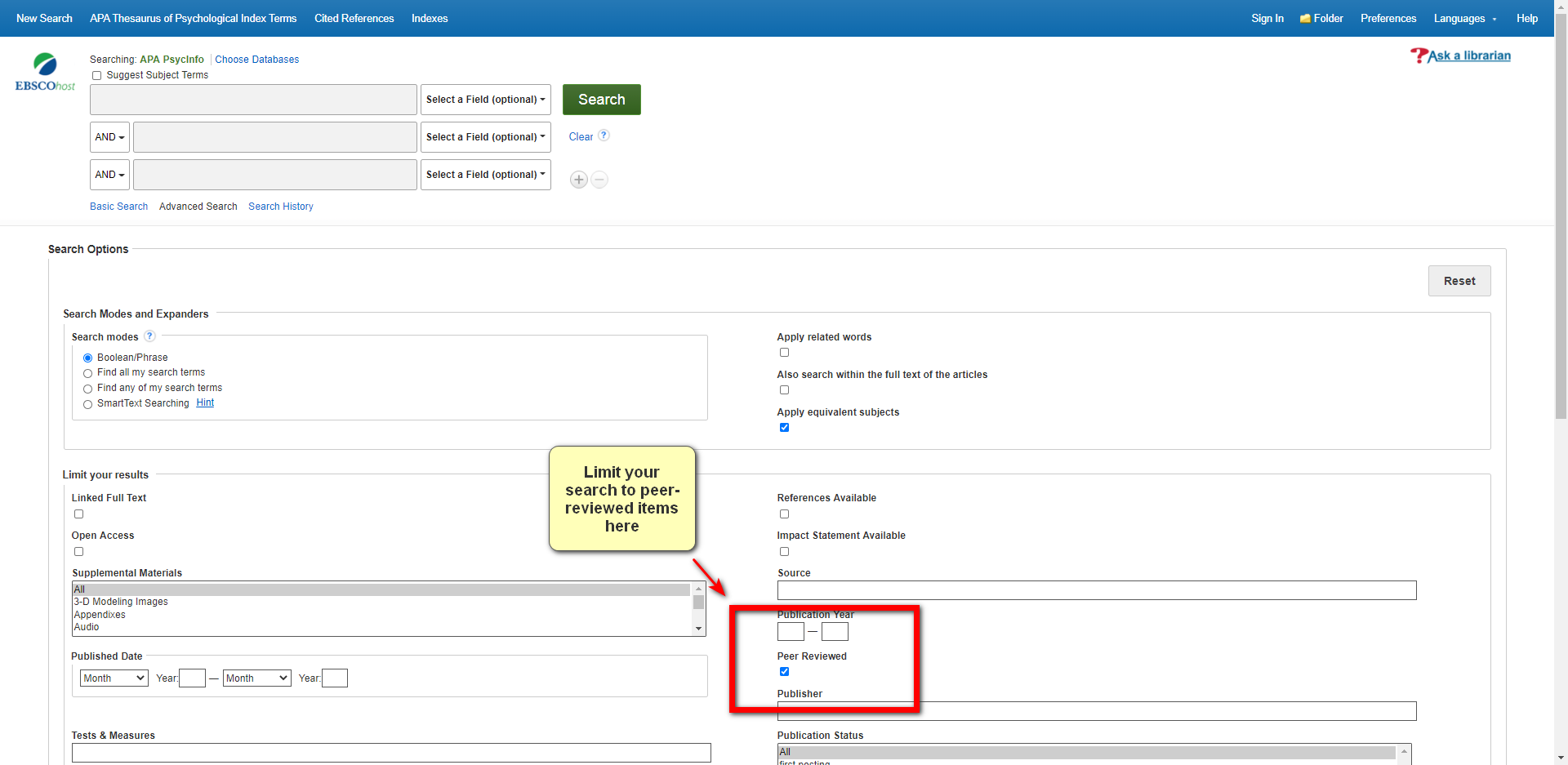Image of PsycINFO search home page with peer review box checked