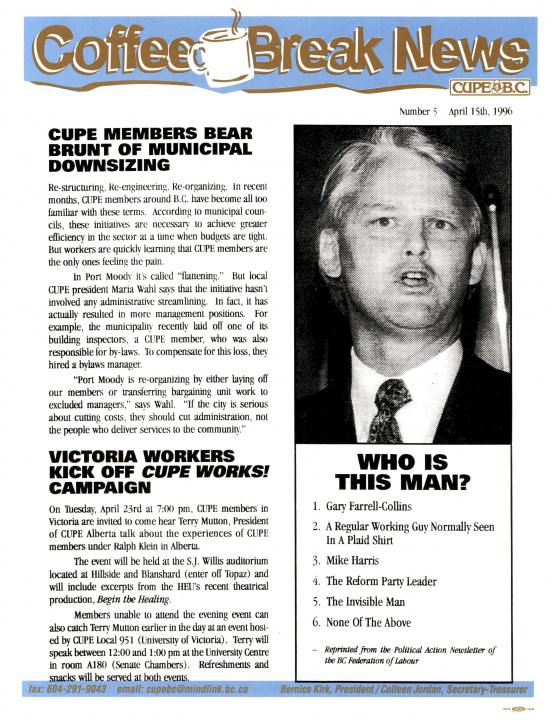 CUPE coffee break news bulletin n.5 April 16, 1996