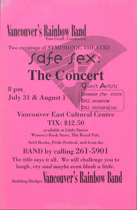 A poster on hot pink paper. Featuring Vancouver's Rainbow Band, at the Vancouver East Cultural Centre.