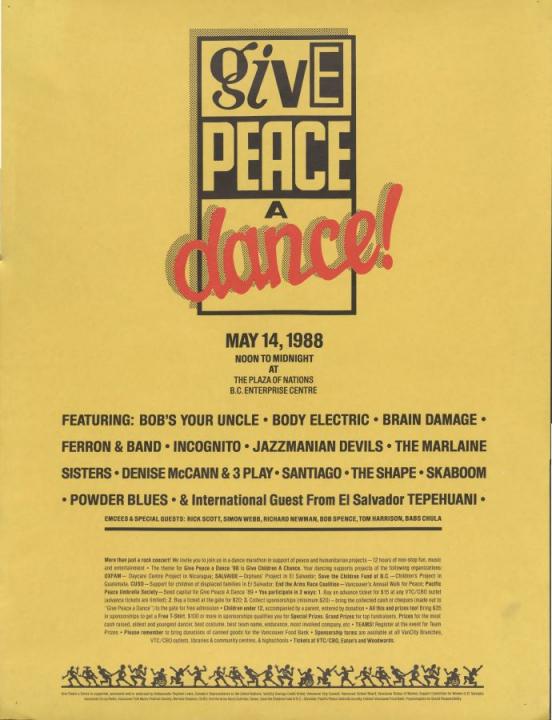 Yellow poster featuring bands Bob's Your Uncle, Jazzmanian Devils, Ferron and Band, Kaboom, Powder Blues, and more.