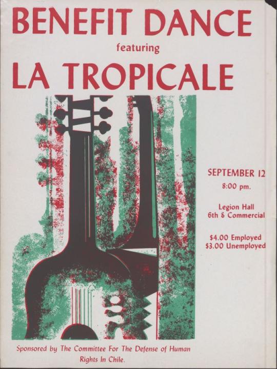 A poster with a stylized drawing of a guitar. Benefit Dance featuring La Tropical, September 12. 