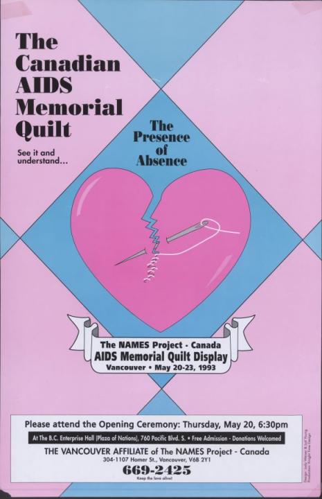 Canadian AIDS Memorial Quilt poster, with the image of a broken heart being stitched up again.