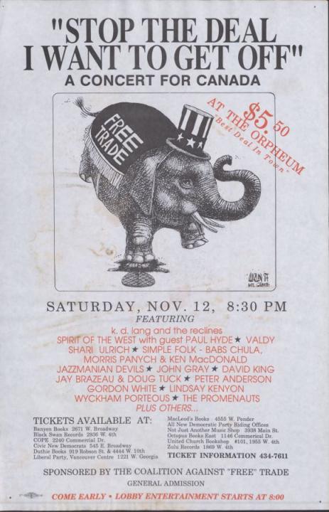 A drawing of an elephant balancing on a ball, with the words Free Trade. Bands include k.d. lang, Spirit of the West, Paul Hyde, Shari Ulrich, Valdy, Jazzmanian Devils, and more.
