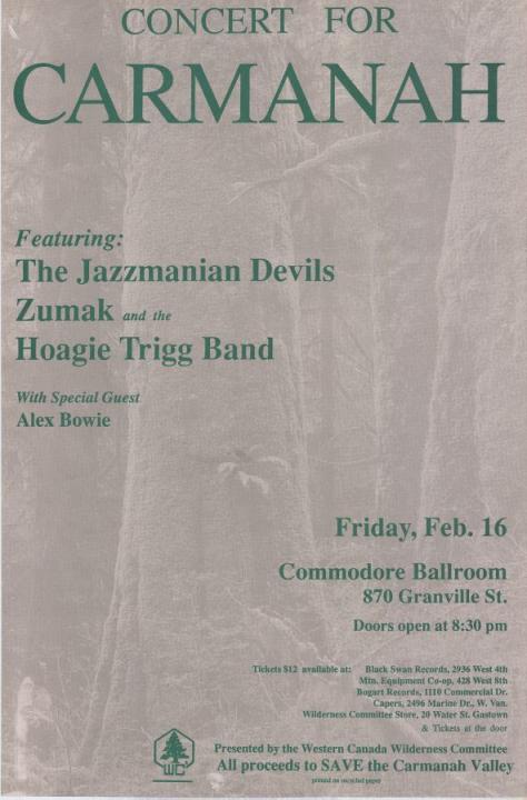 Poster with green lettering on a grey background featuring the Jazzmanian Devils, Kumak, and the Hoagie Trigg band at the Commodore Ballroom.