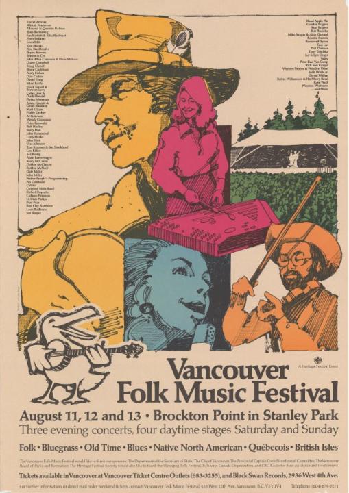 Drawings of singers and other musicians, with a cartoon of a seagull playing a banjo.