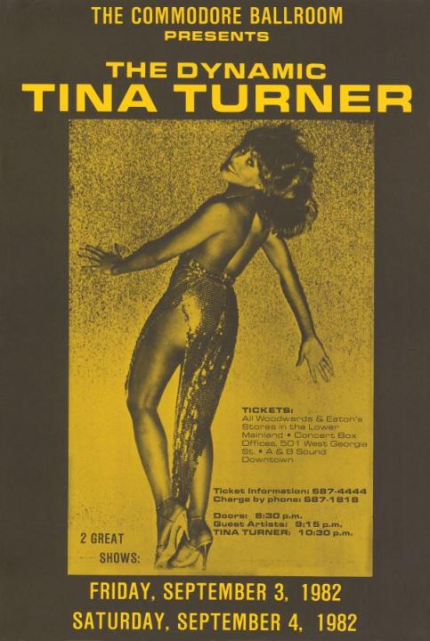 Black and white photo on a yellow background of Tina Turner, turned away and looking back over one shoulder.