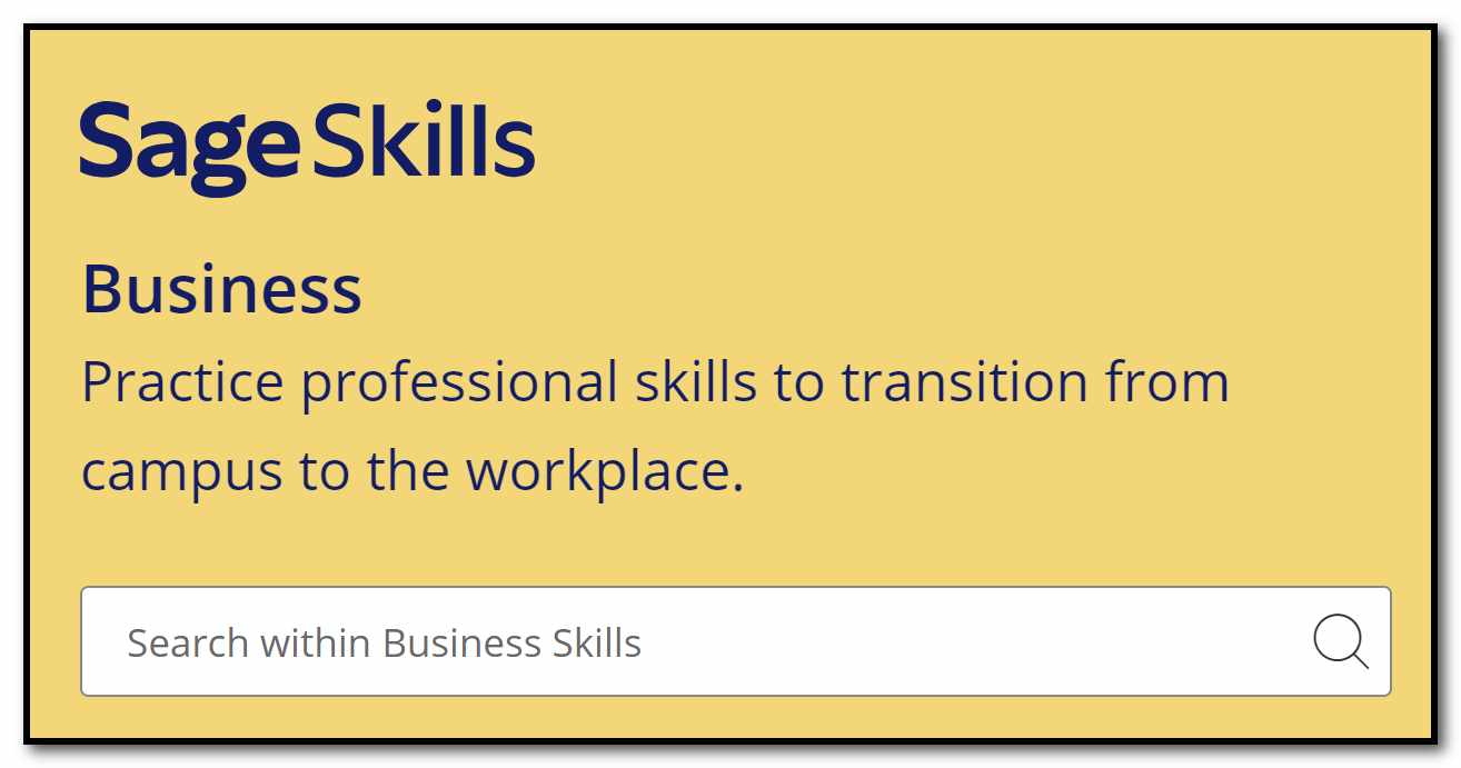 Screen capture of the logo of Sage Business Skills, featuring a search box.