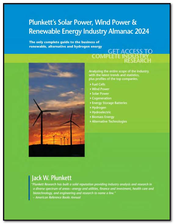 Cover image of the 2024 edition of Plunkett's Solar Power, Wind Power, and Renewable Energy Industry Almanac