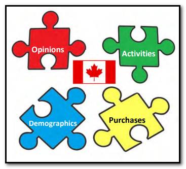 Image showing 4 puzzle pieces labelled Opinions, Activities, Demographics, and Purchases, with a Canadian flag in the centre.