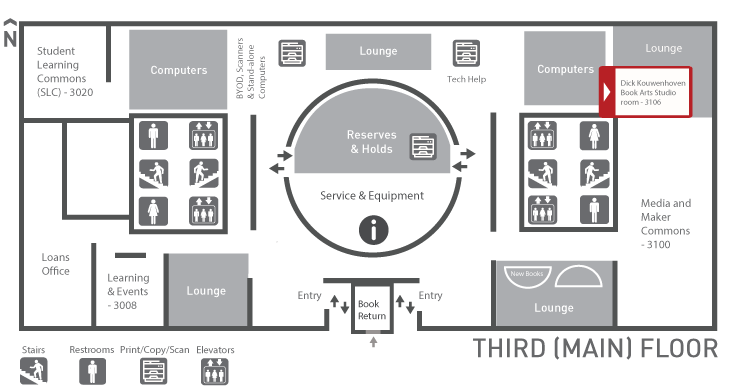 A floor plan showing the Book Arts Studio near the northeast corner of the third floor of the Bennett Library, in the Media and Maker Commons