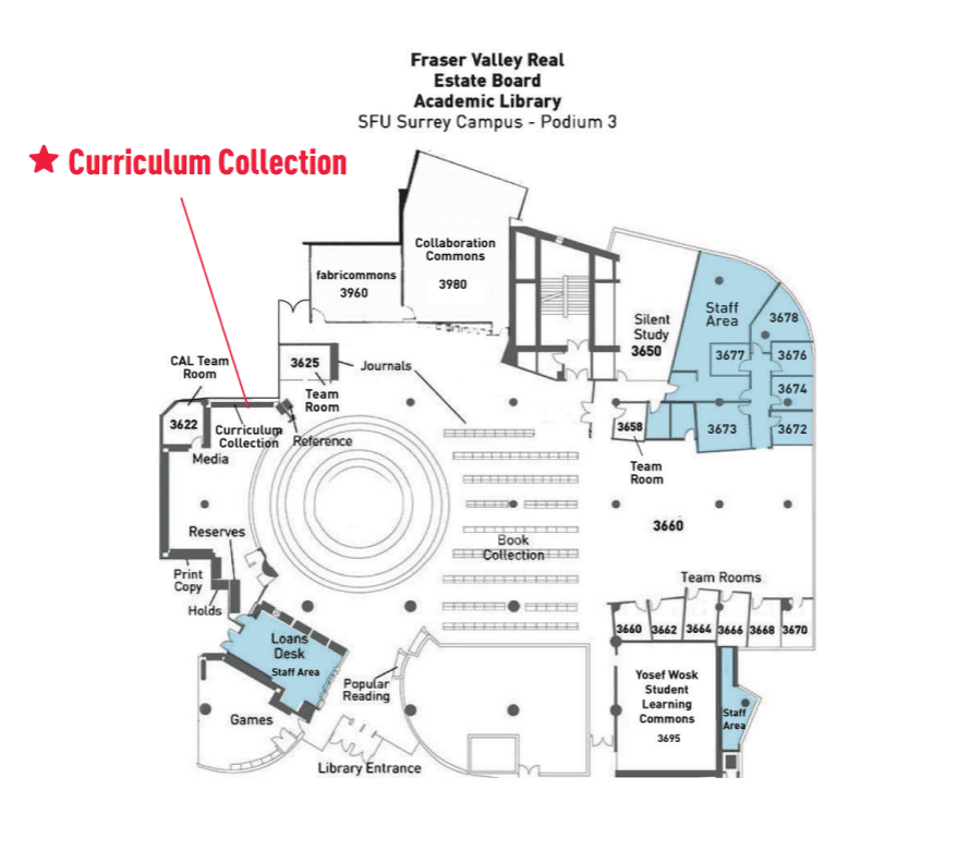 Floorplan of the Fraser Library which highlights the location of the Curriculum Collection
