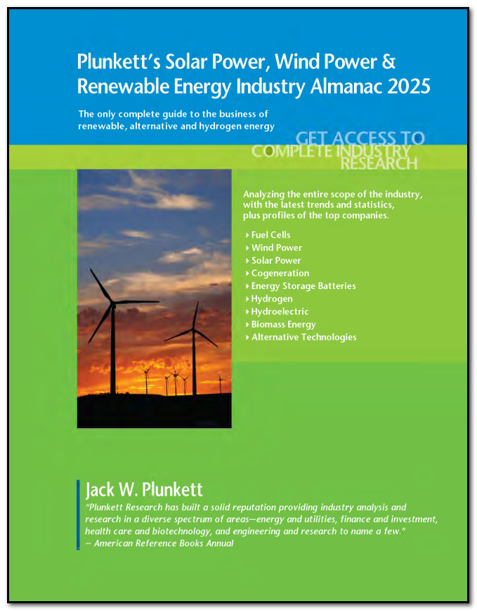 Cover image of the 2025 edition of Plunkett's Solar Power, Wind Power, and Renewable Energy Industry Almanac