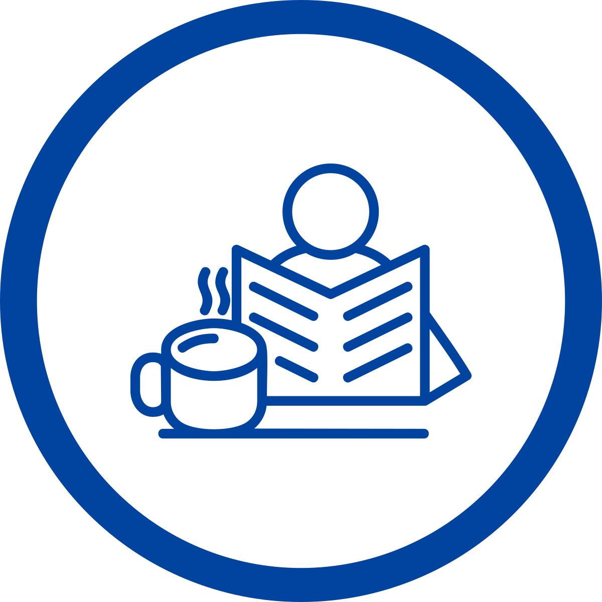 simple line drawing of a person reading a newspaper with a cup of coffee next to them