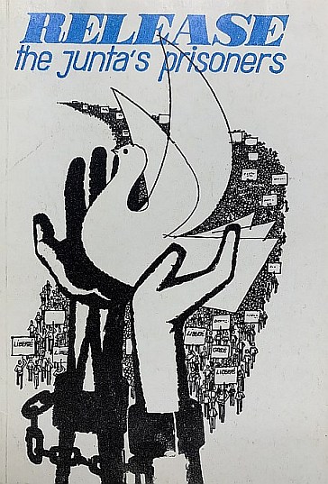 Pamphlet with the text "Release the junta's prsoners" above an illustration of a pair of shackled hands holding a dove, with a crowd of protestors holding signs int the background 