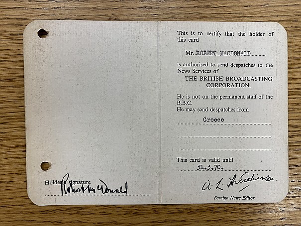 Freelance media pass from the BBC, featuring McDonald's signature 