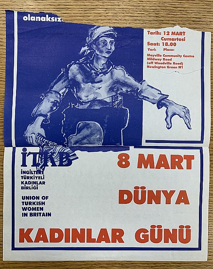 Blue and red poster in Turkish, promoting an International Women's Day meeting of the Union of Turkish Women in Britain. There is an illustration of a woman wearing a head covering.