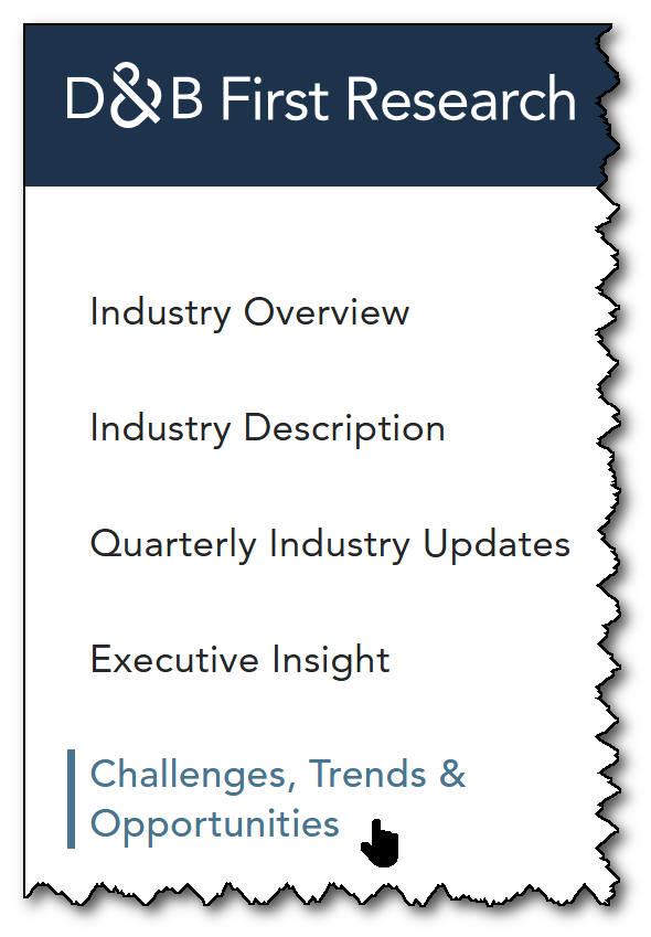 Partial table of contents from a First Research report, with Challenges, Trends & Opportunities highlighted