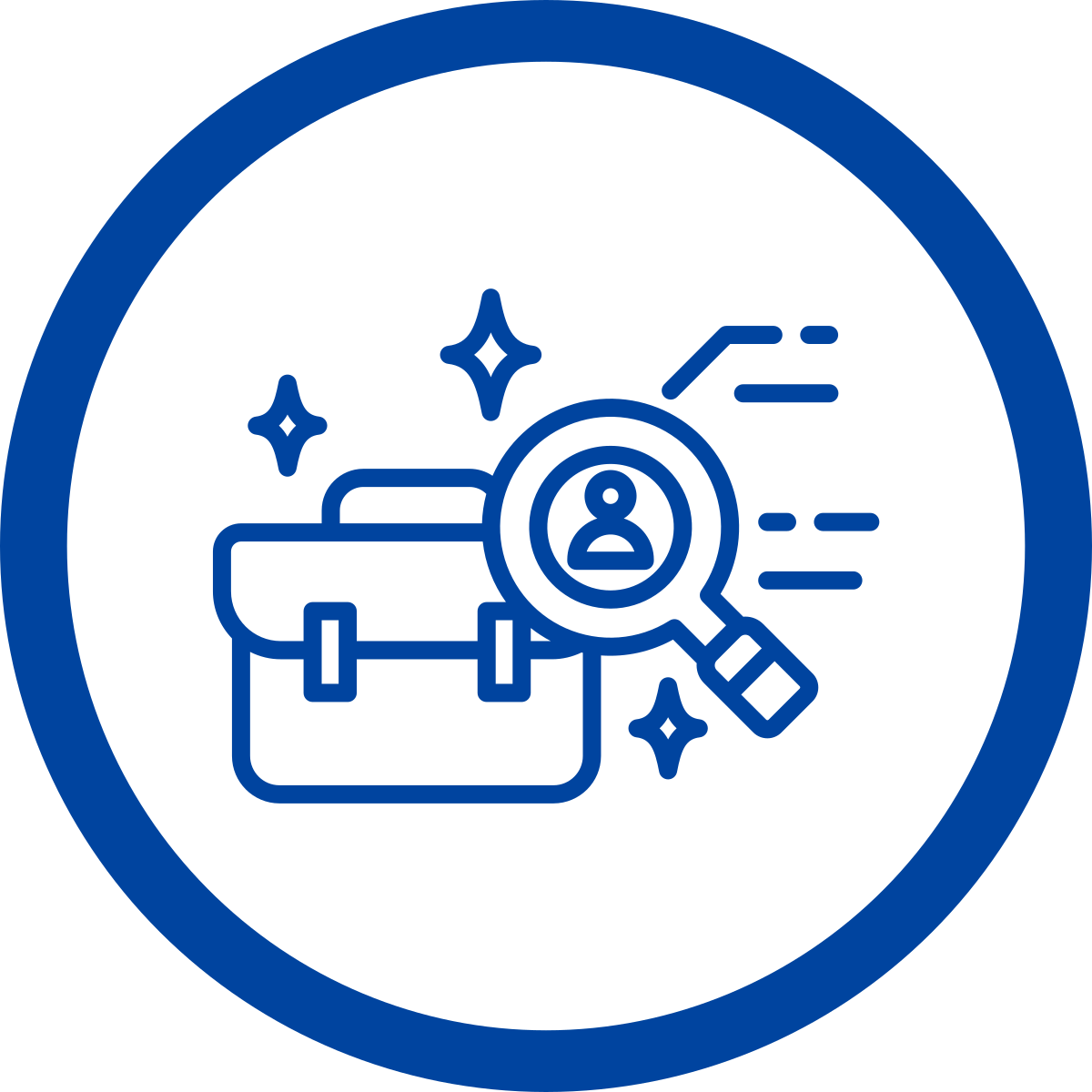 Simple line drawing of a lunchbox with a magnifying glass, meant to symbolize searching or a job.