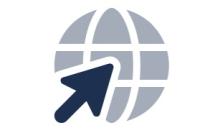 A stylized computer curser pointing to a globe