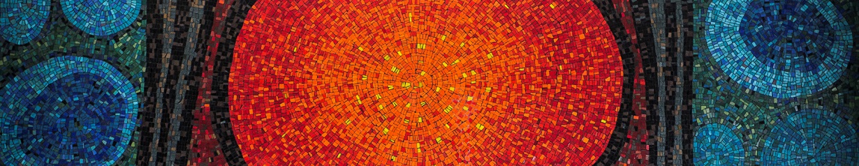 A mosaic showing an abstract pattern of blue, green, red, orange, and yellow circles and rings